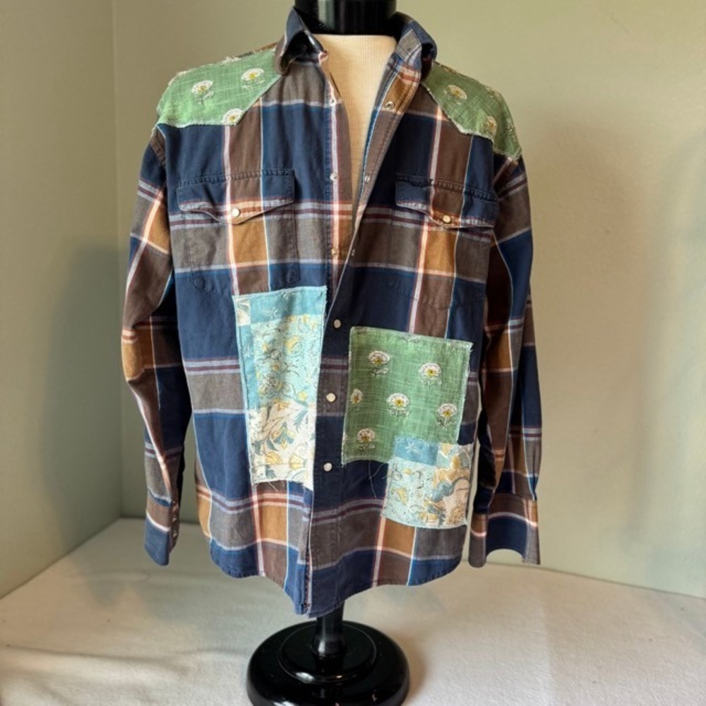 Upcycled Wrangler Custom Western Shirt Plaid Pearl Snap Bird Floral Blue Brown